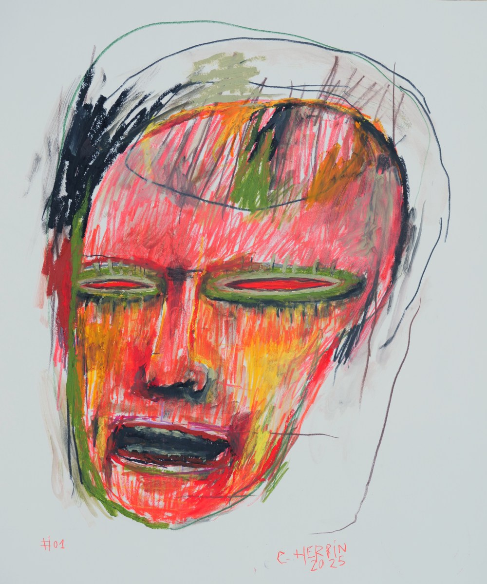 Masque #1, peinture acrylique, crayons, craies, 65x50cm (2025)